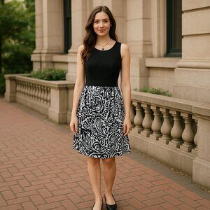 Chic Black Knit & Paisley Skirt Dress Sleeveless Fit & Flare Size Medium
